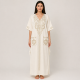 Ornate Embroidered Jalabiya with Front Pockets - White