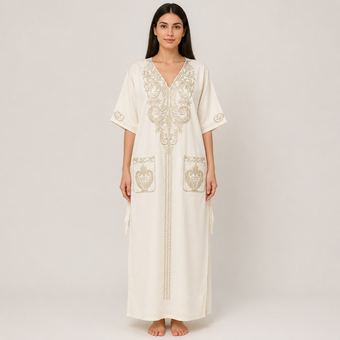 Ornate Embroidered Jalabiya with Front Pockets - White