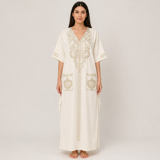 Ornate Embroidered Jalabiya with Front Pockets - White