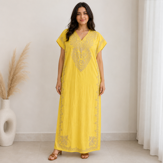 Embroidered Jalabiya with Rope Detailing - Yellow