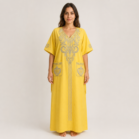 Ornate Embroidered Jalabiya with Front Pockets - Yellow