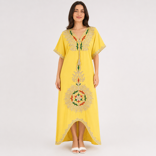 Heritage Medallion Embroidered Jalabiya - Yellow